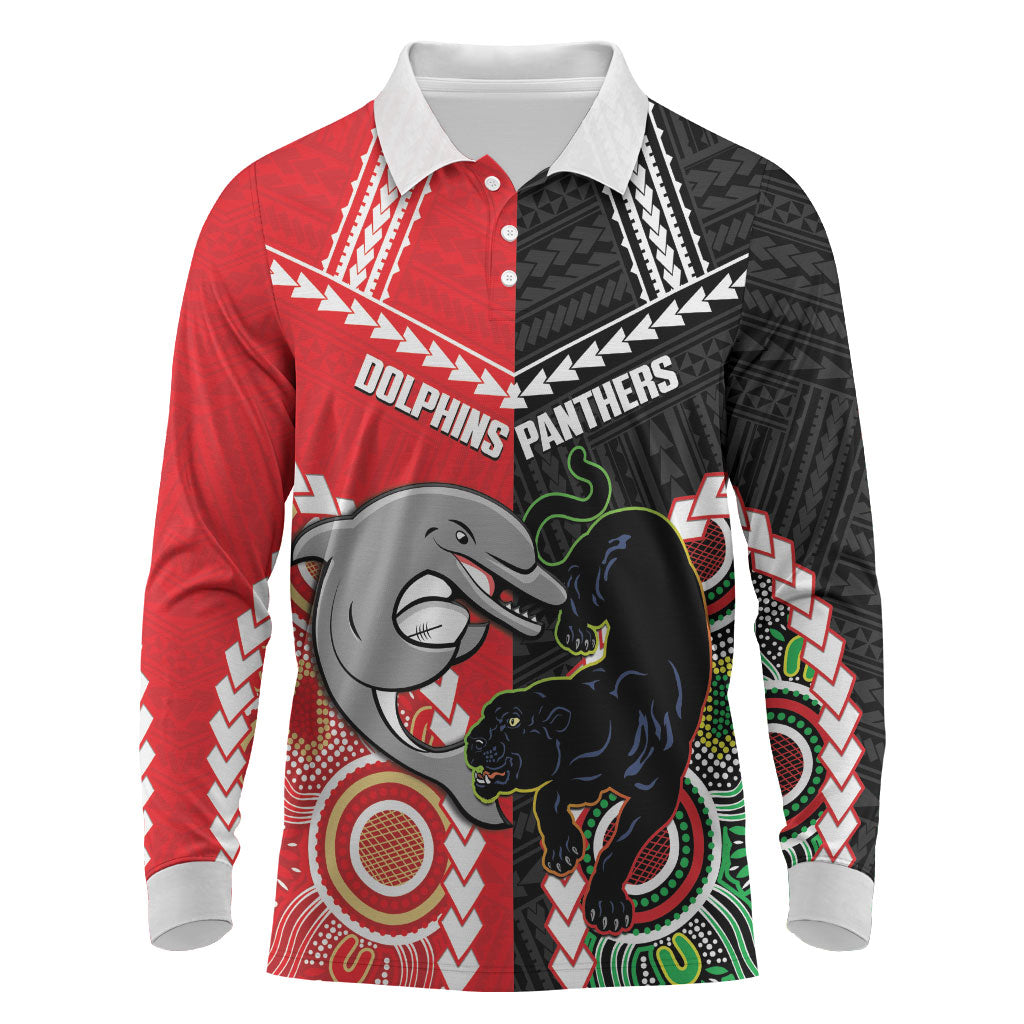Custom Rugby Panthers and Dolphins Long Sleeve Polo Shirt 2026 Together Aboriginal Polynesian Pattern