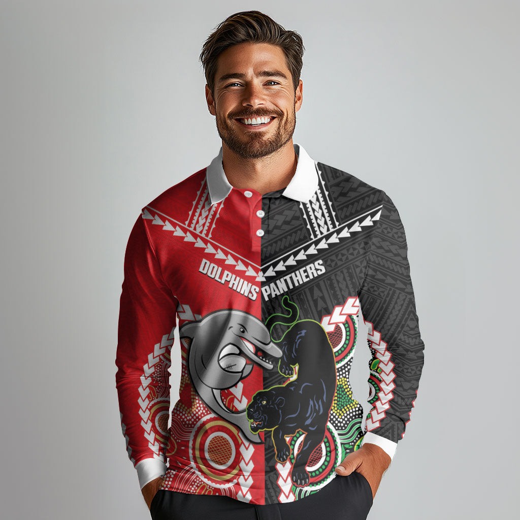 Custom Rugby Panthers and Dolphins Long Sleeve Polo Shirt 2026 Together Aboriginal Polynesian Pattern