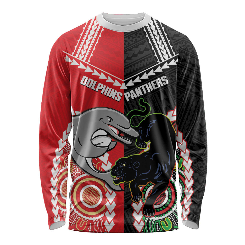 Custom Rugby Panthers and Dolphins Long Sleeve Shirt 2026 Together Aboriginal Polynesian Pattern