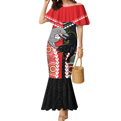 Custom Rugby Panthers and Dolphins Mermaid Dress 2026 Together Aboriginal Polynesian Pattern