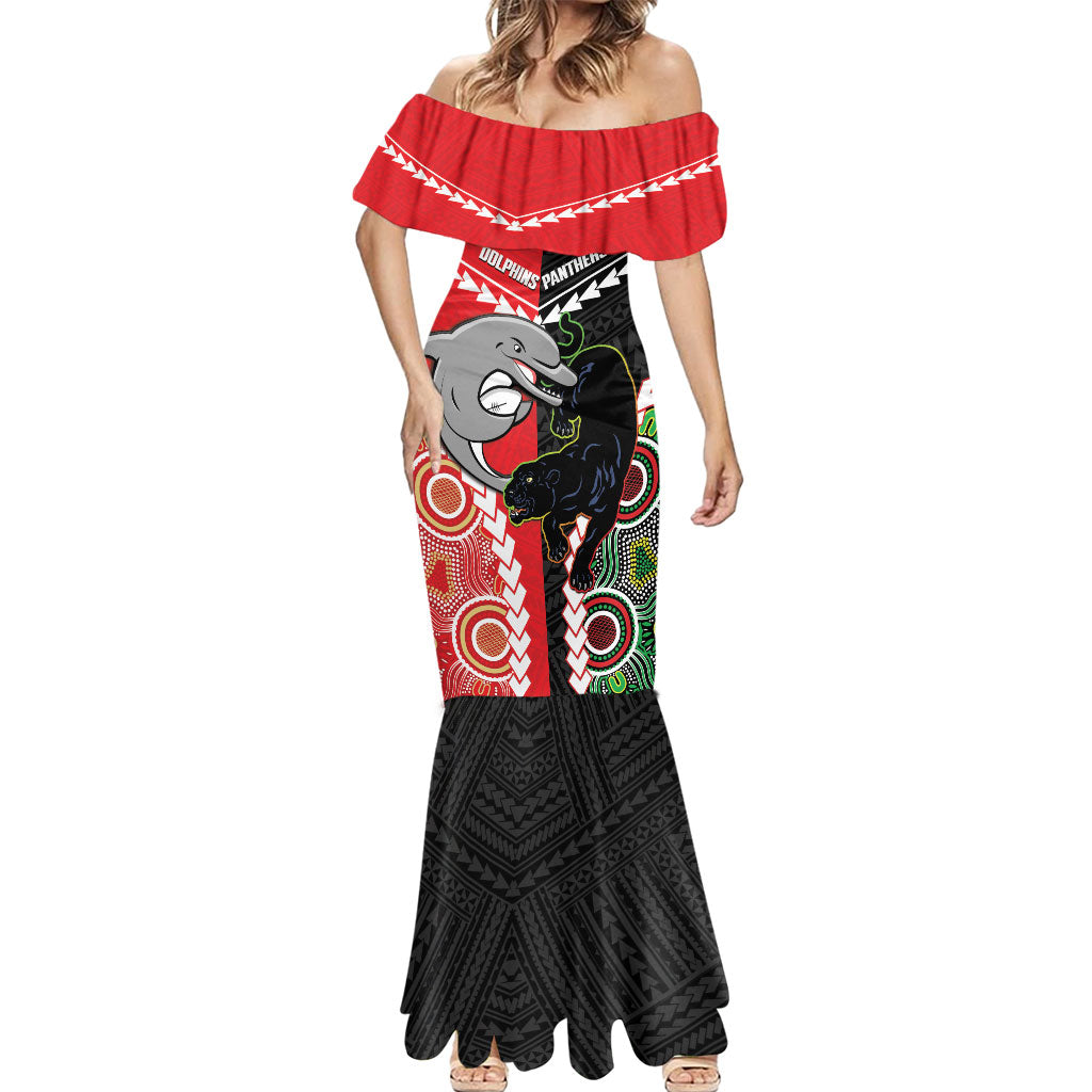 Custom Rugby Panthers and Dolphins Mermaid Dress 2026 Together Aboriginal Polynesian Pattern