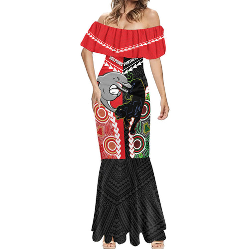Custom Rugby Panthers and Dolphins Mermaid Dress 2026 Together Aboriginal Polynesian Pattern