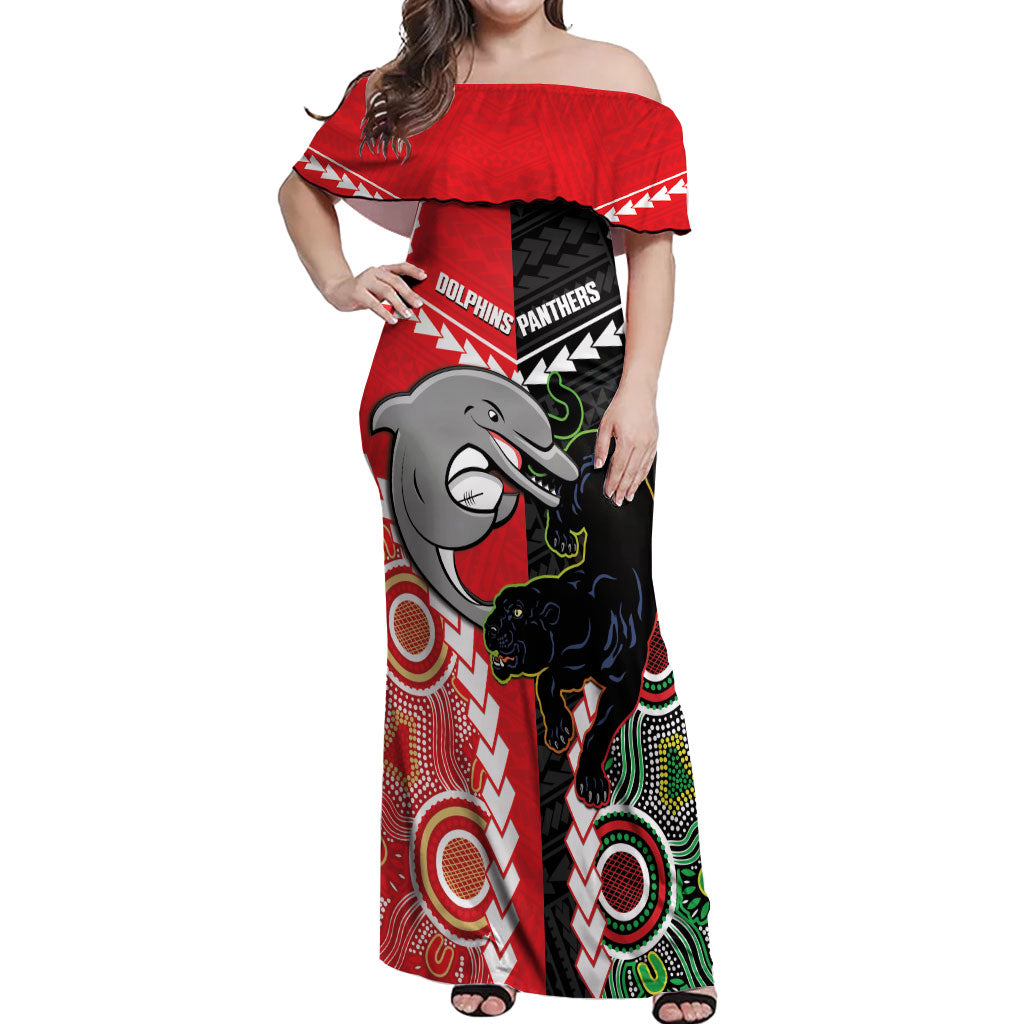 Custom Rugby Panthers and Dolphins Off Shoulder Maxi Dress 2026 Together Aboriginal Polynesian Pattern