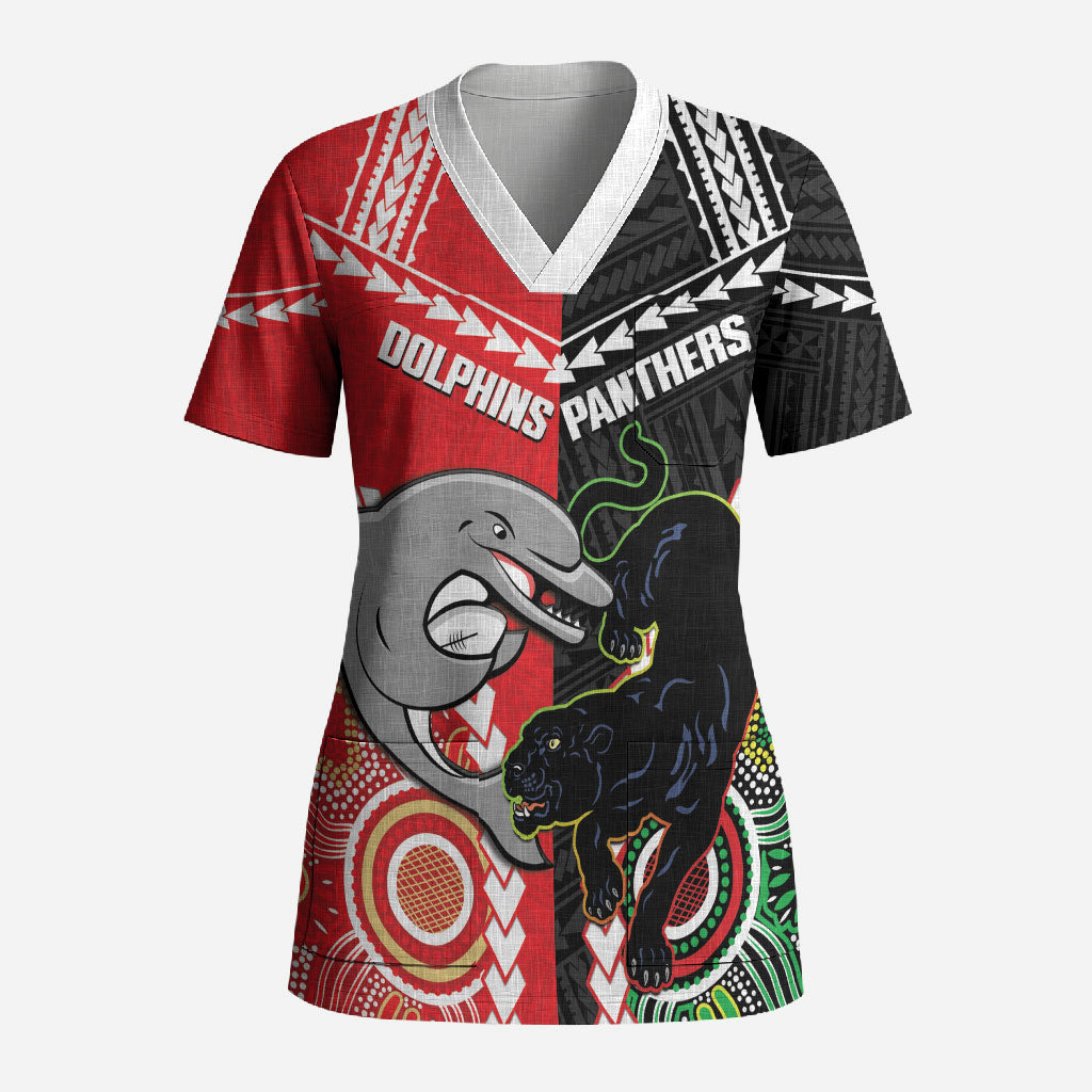 Custom Rugby Panthers and Dolphins Scrub Top 2026 Together Aboriginal Polynesian Pattern
