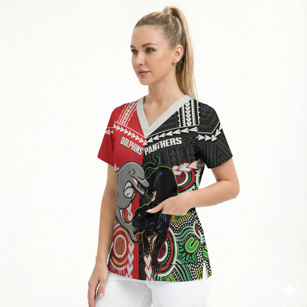 Custom Rugby Panthers and Dolphins Scrub Top 2026 Together Aboriginal Polynesian Pattern