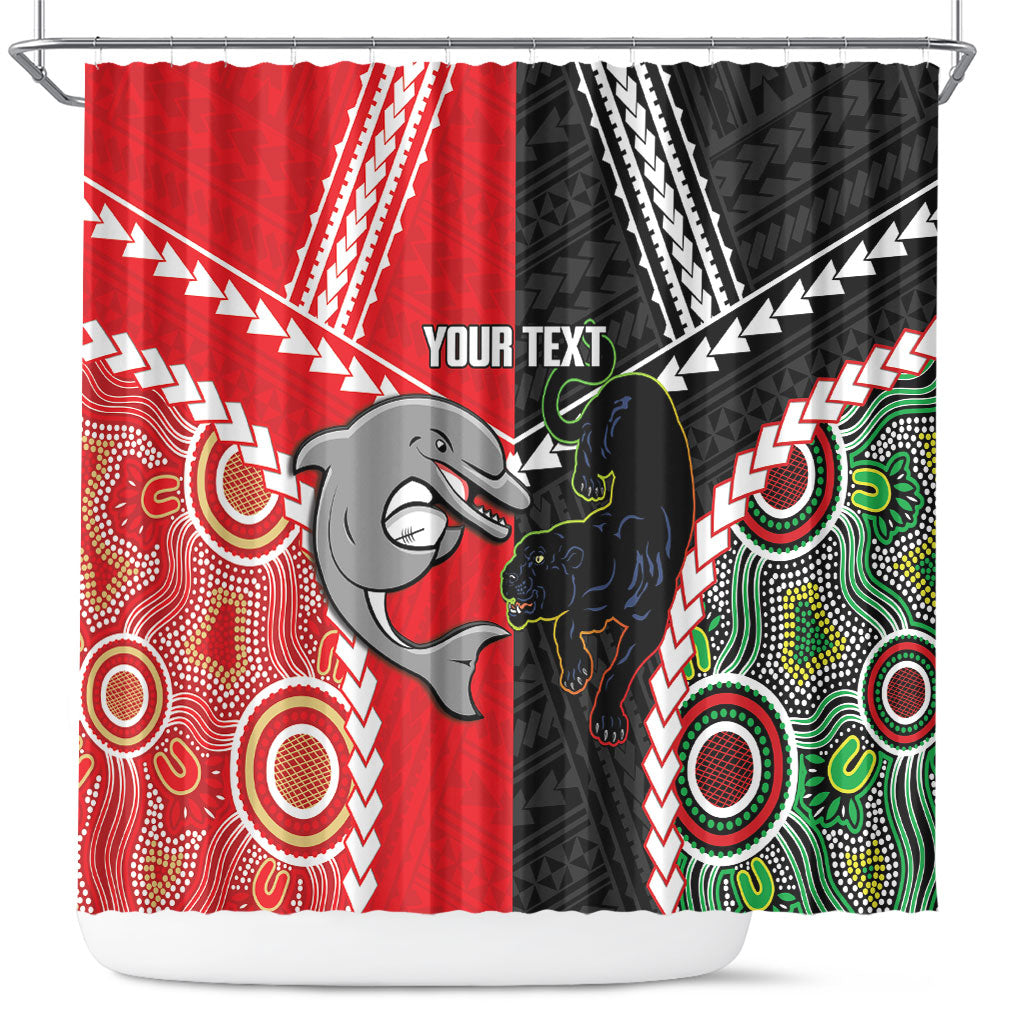 Custom Rugby Panthers and Dolphins Shower Curtain 2026 Together Aboriginal Polynesian Pattern