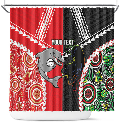 Custom Rugby Panthers and Dolphins Shower Curtain 2026 Together Aboriginal Polynesian Pattern