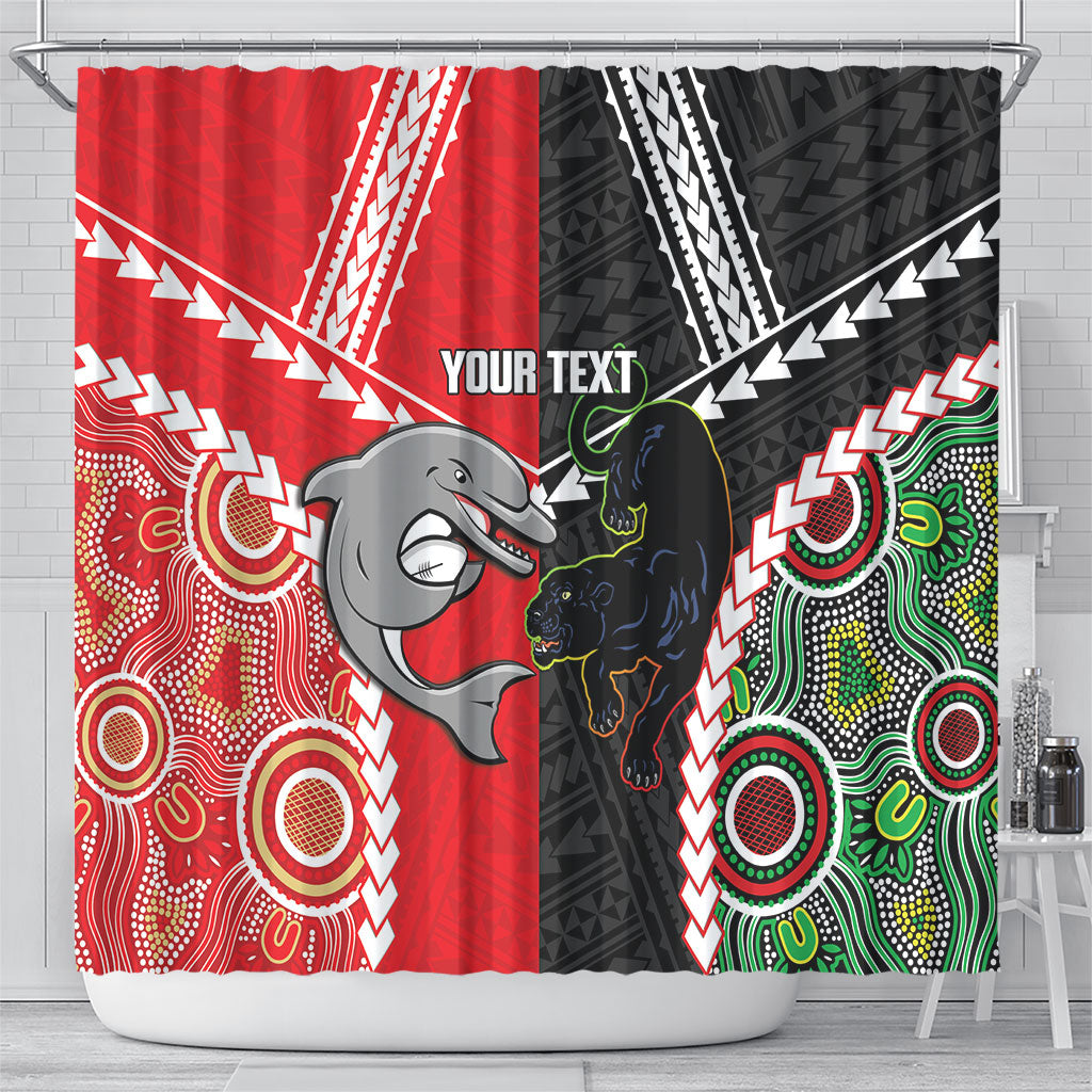 Custom Rugby Panthers and Dolphins Shower Curtain 2026 Together Aboriginal Polynesian Pattern