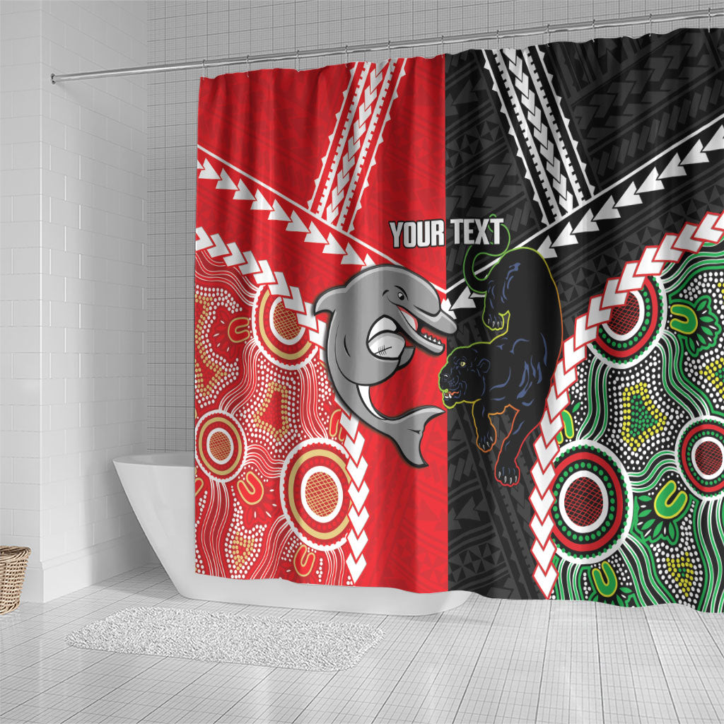 Custom Rugby Panthers and Dolphins Shower Curtain 2026 Together Aboriginal Polynesian Pattern