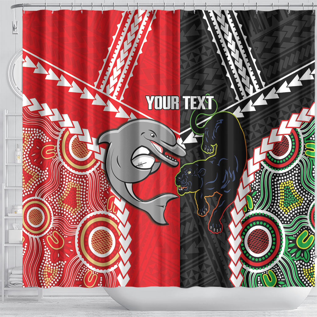 Custom Rugby Panthers and Dolphins Shower Curtain 2026 Together Aboriginal Polynesian Pattern