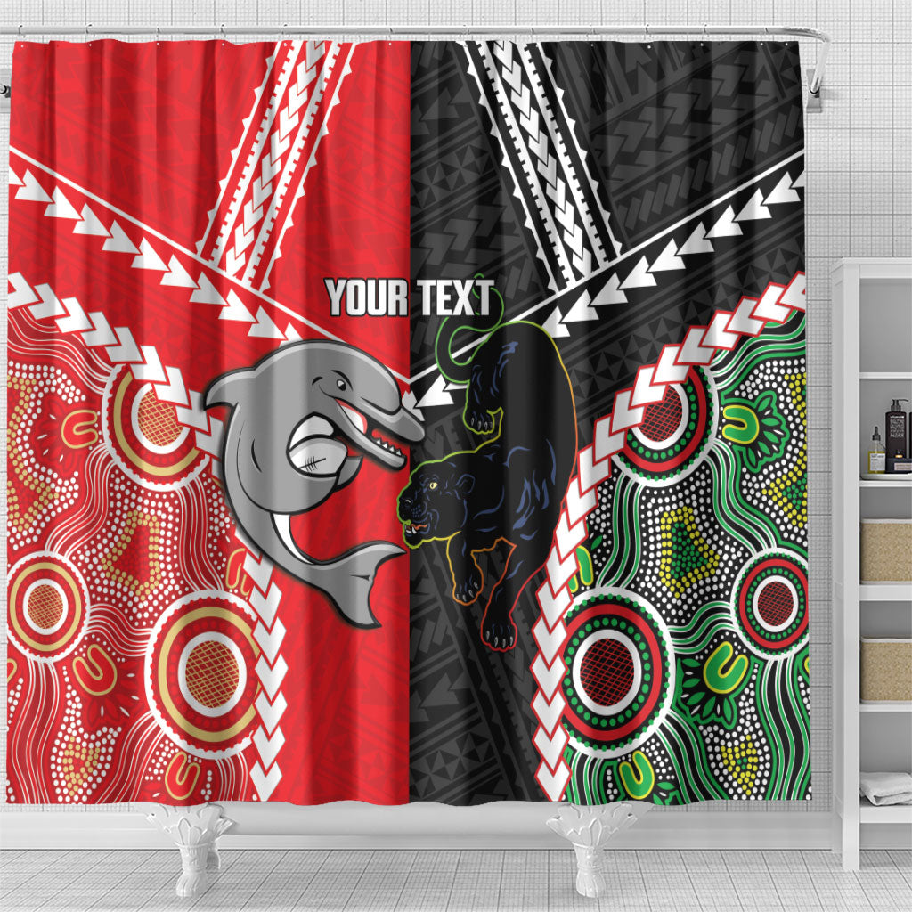 Custom Rugby Panthers and Dolphins Shower Curtain 2026 Together Aboriginal Polynesian Pattern