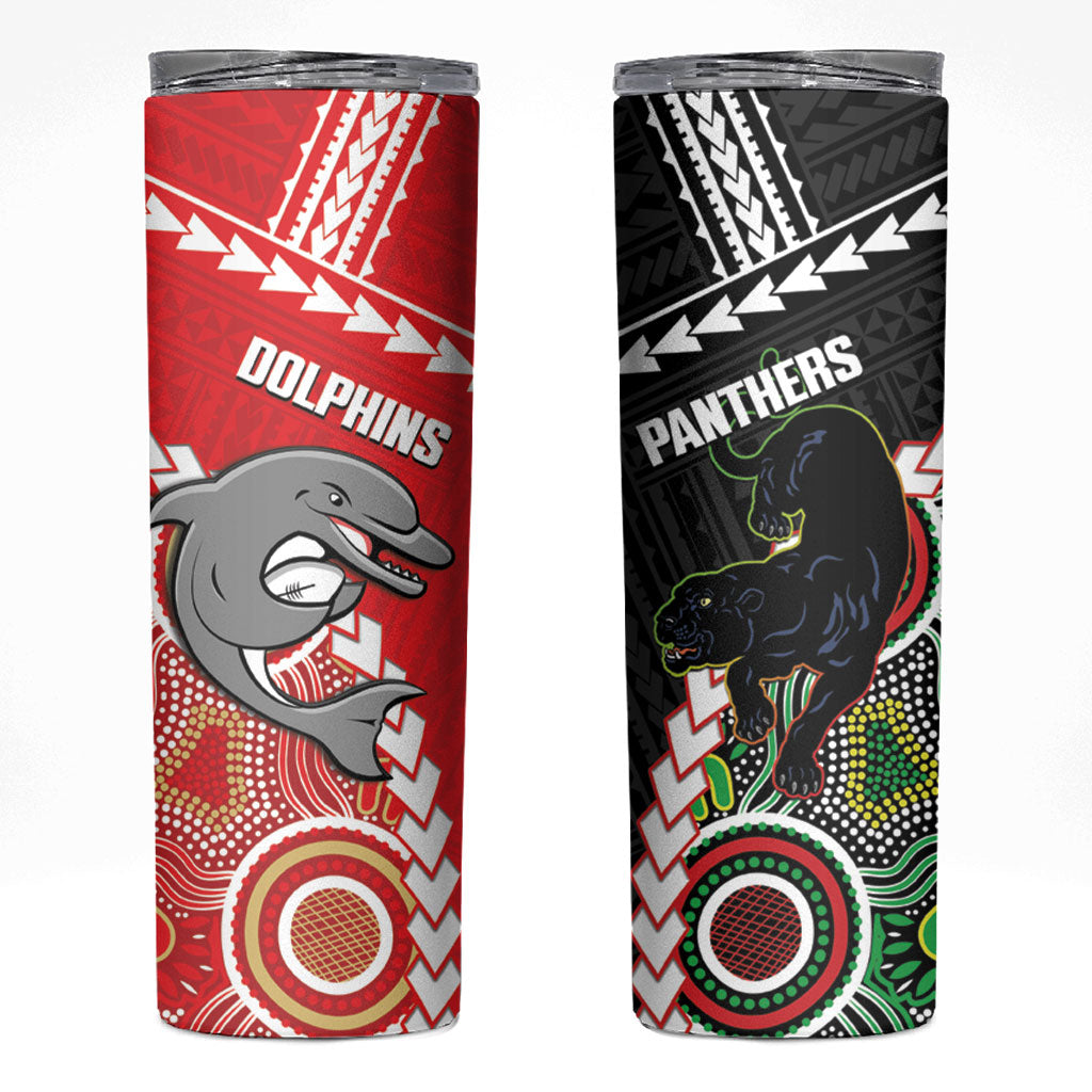 Custom Rugby Panthers and Dolphins Skinny Tumbler 2026 Together Aboriginal Polynesian Pattern