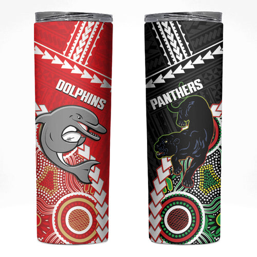 Custom Rugby Panthers and Dolphins Skinny Tumbler 2026 Together Aboriginal Polynesian Pattern
