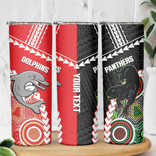 Custom Rugby Panthers and Dolphins Skinny Tumbler 2026 Together Aboriginal Polynesian Pattern