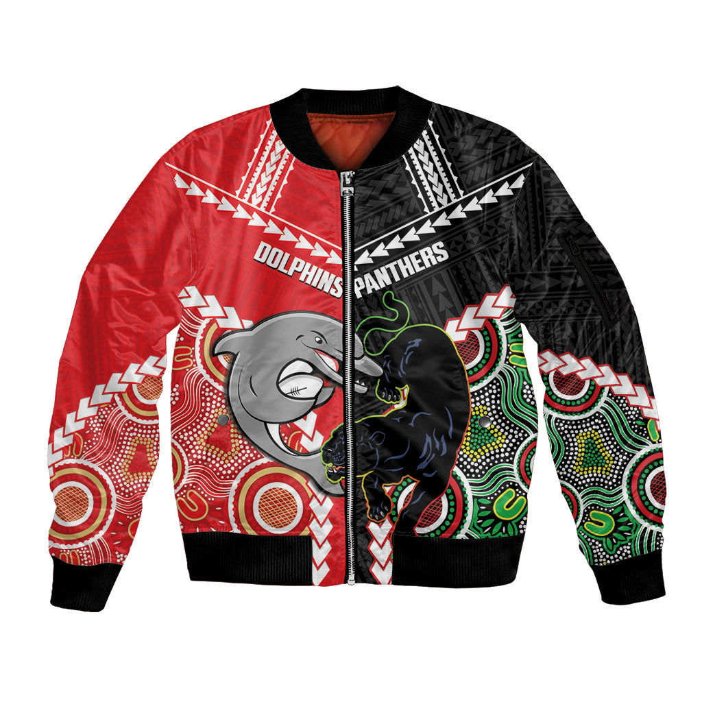 Custom Rugby Panthers and Dolphins Sleeve Zip Bomber Jacket 2026 Together Aboriginal Polynesian Pattern