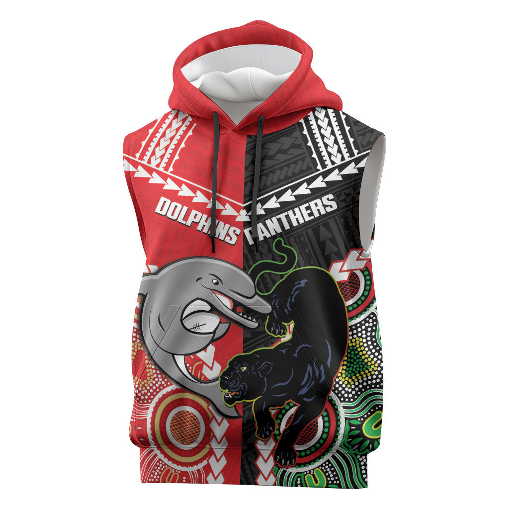 Custom Rugby Panthers and Dolphins Sleeveless Hoodie 2026 Together Aboriginal Polynesian Pattern