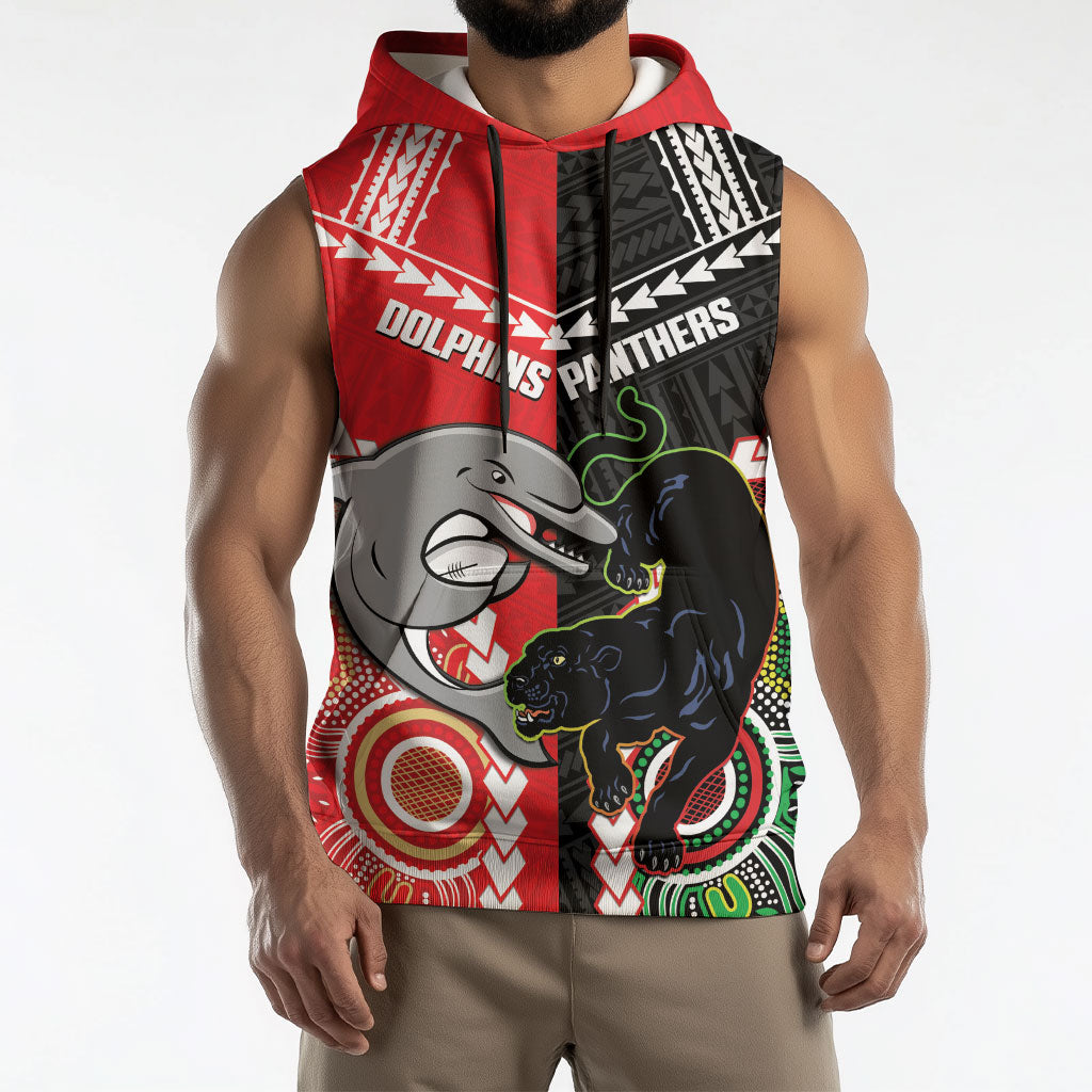 Custom Rugby Panthers and Dolphins Sleeveless Hoodie 2026 Together Aboriginal Polynesian Pattern