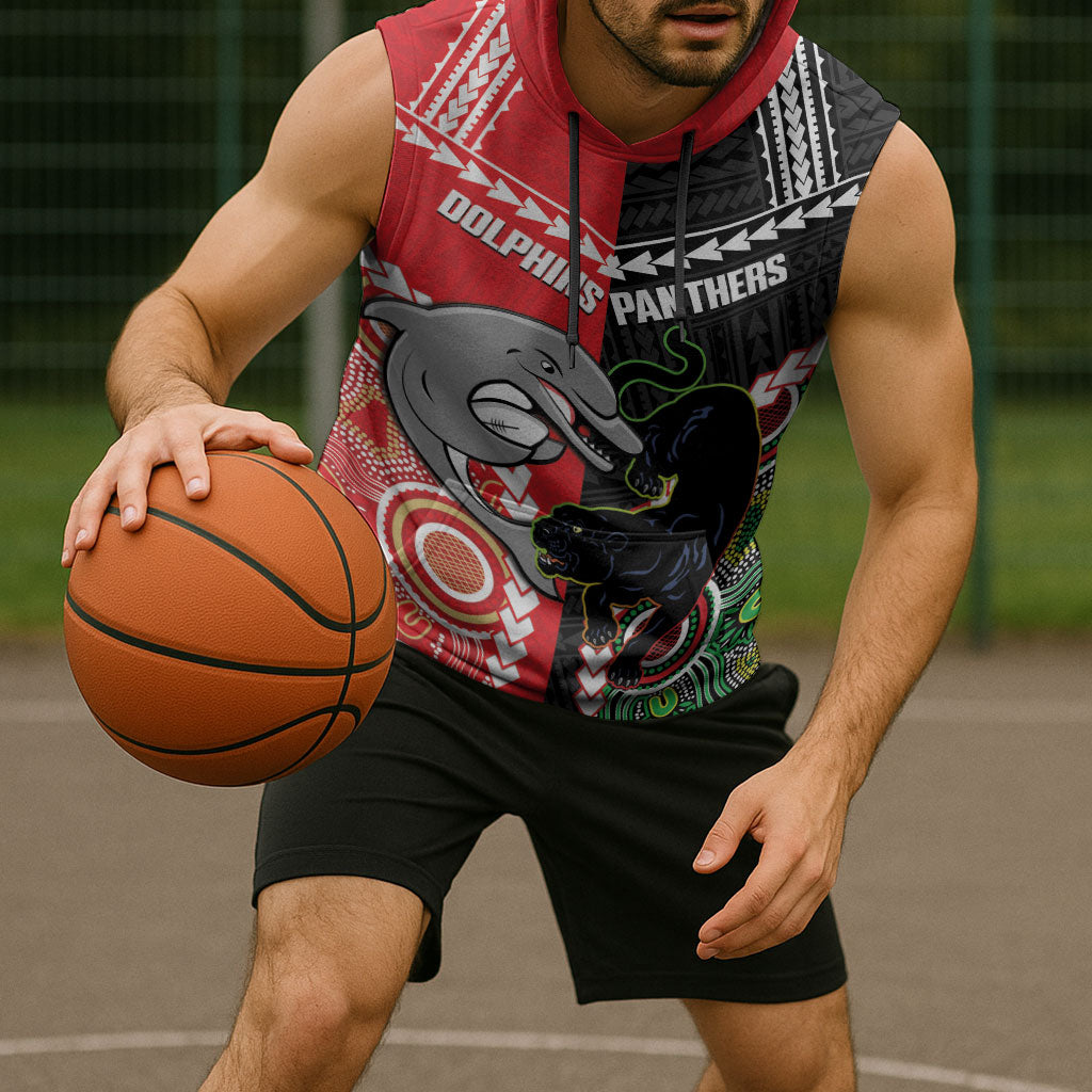 Custom Rugby Panthers and Dolphins Sleeveless Hoodie 2026 Together Aboriginal Polynesian Pattern
