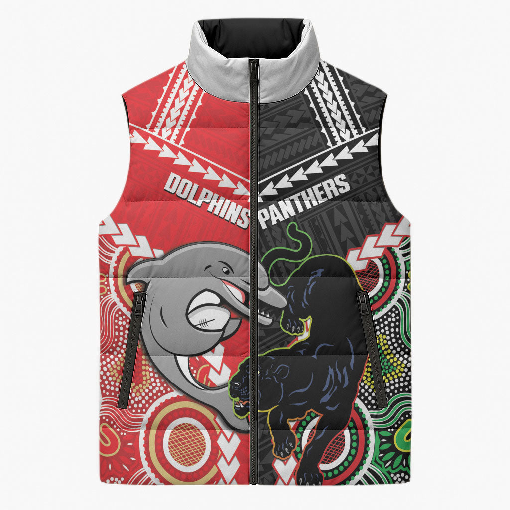 Custom Rugby Panthers and Dolphins Sleeveless Puffer Jacket 2026 Together Aboriginal Polynesian Pattern