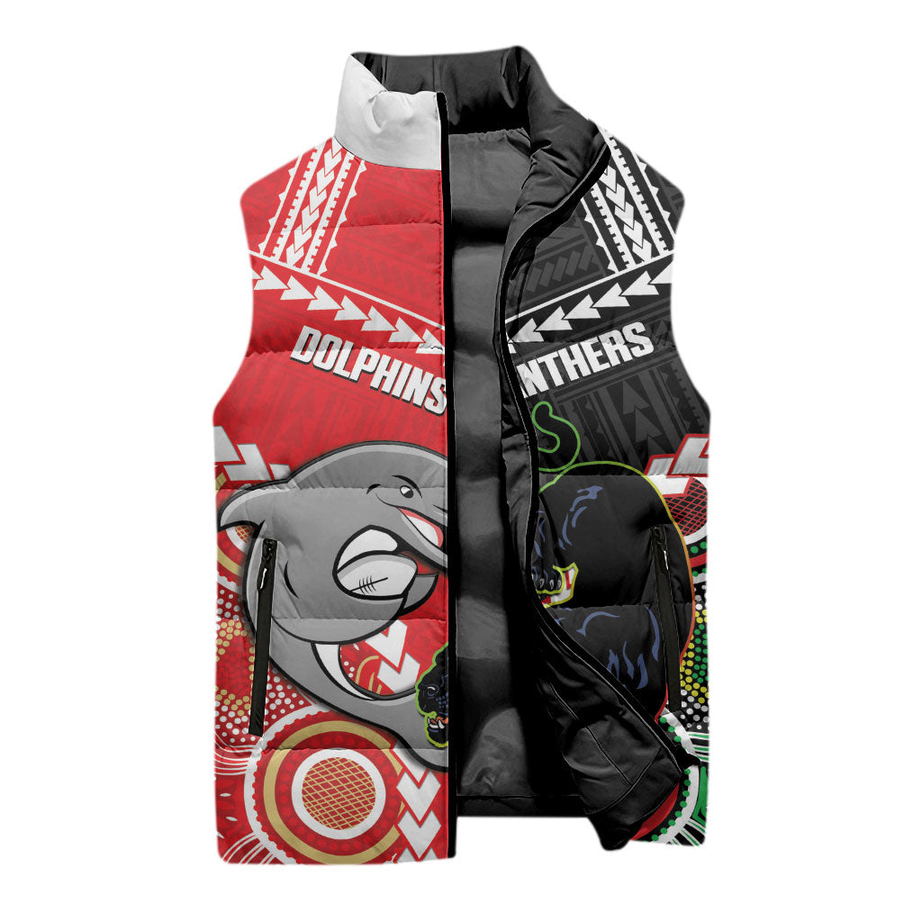 Custom Rugby Panthers and Dolphins Sleeveless Puffer Jacket 2026 Together Aboriginal Polynesian Pattern