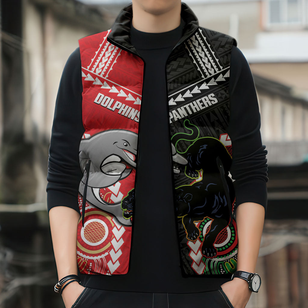 Custom Rugby Panthers and Dolphins Sleeveless Puffer Jacket 2026 Together Aboriginal Polynesian Pattern