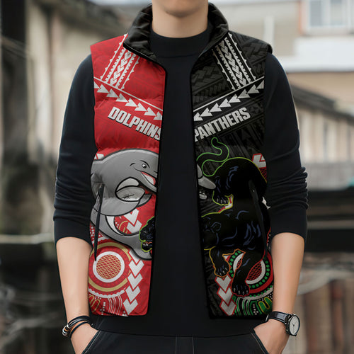 Custom Rugby Panthers and Dolphins Sleeveless Puffer Jacket 2026 Together Aboriginal Polynesian Pattern