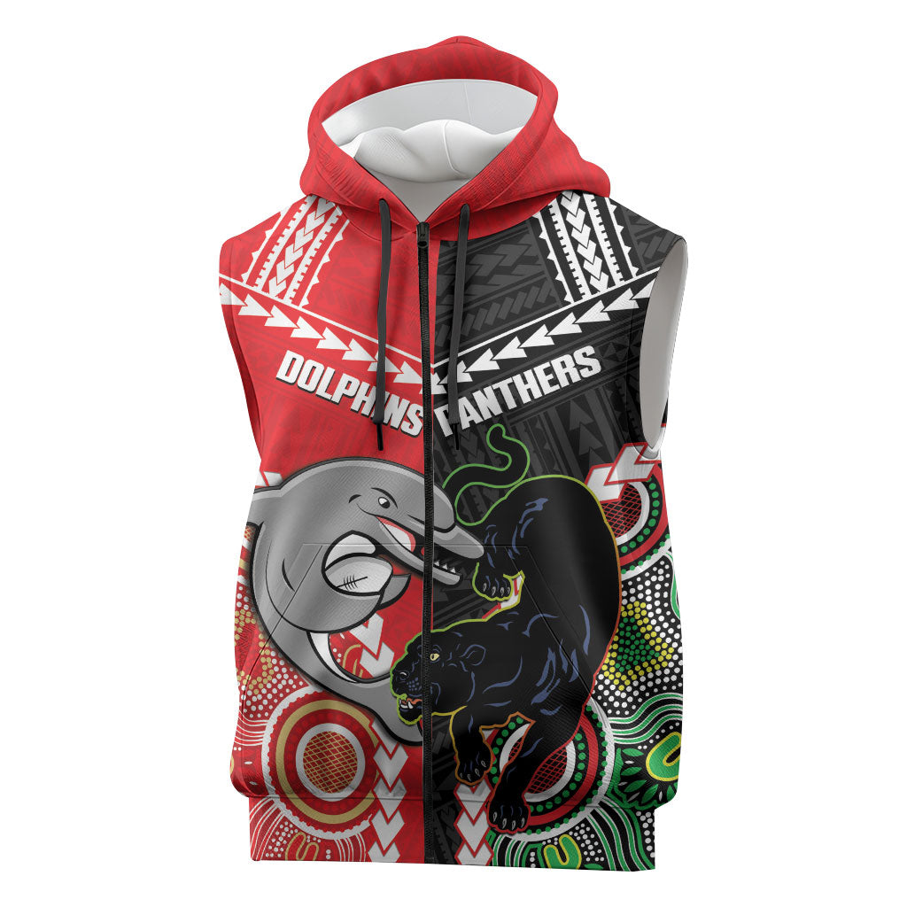 Custom Rugby Panthers and Dolphins Sleeveless Zip Hoodie 2026 Together Aboriginal Polynesian Pattern