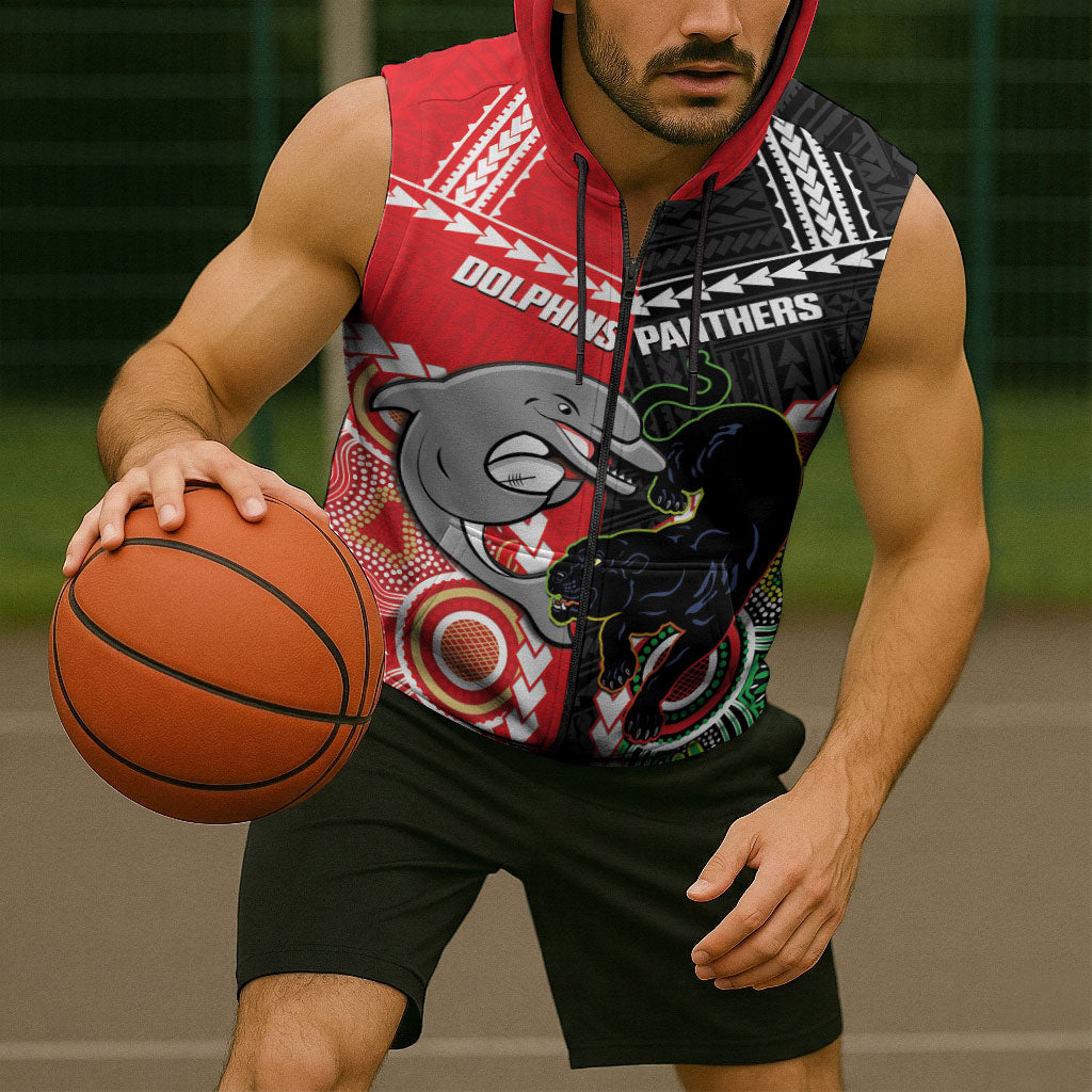 Custom Rugby Panthers and Dolphins Sleeveless Zip Hoodie 2026 Together Aboriginal Polynesian Pattern