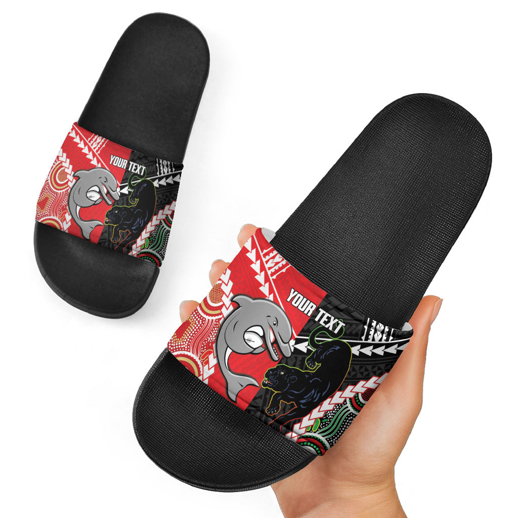 Custom Rugby Panthers and Dolphins Slide Sandals 2026 Together Aboriginal Polynesian Pattern