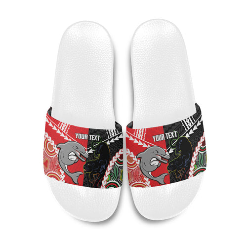 Custom Rugby Panthers and Dolphins Slide Sandals 2026 Together Aboriginal Polynesian Pattern