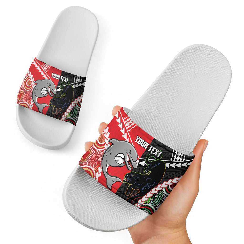 Custom Rugby Panthers and Dolphins Slide Sandals 2026 Together Aboriginal Polynesian Pattern