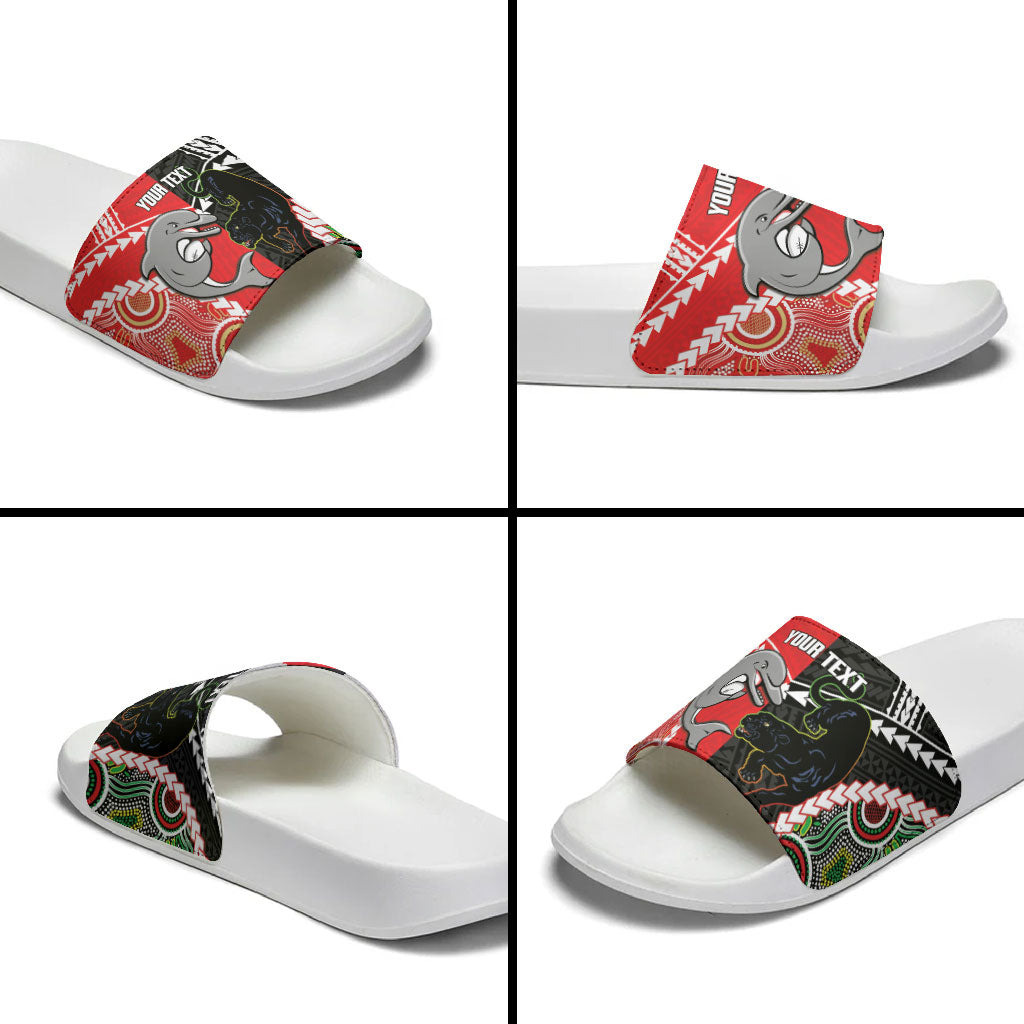 Custom Rugby Panthers and Dolphins Slide Sandals 2026 Together Aboriginal Polynesian Pattern