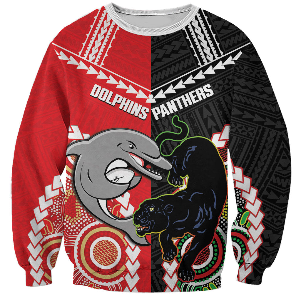Custom Rugby Panthers and Dolphins Sweatshirt 2026 Together Aboriginal Polynesian Pattern