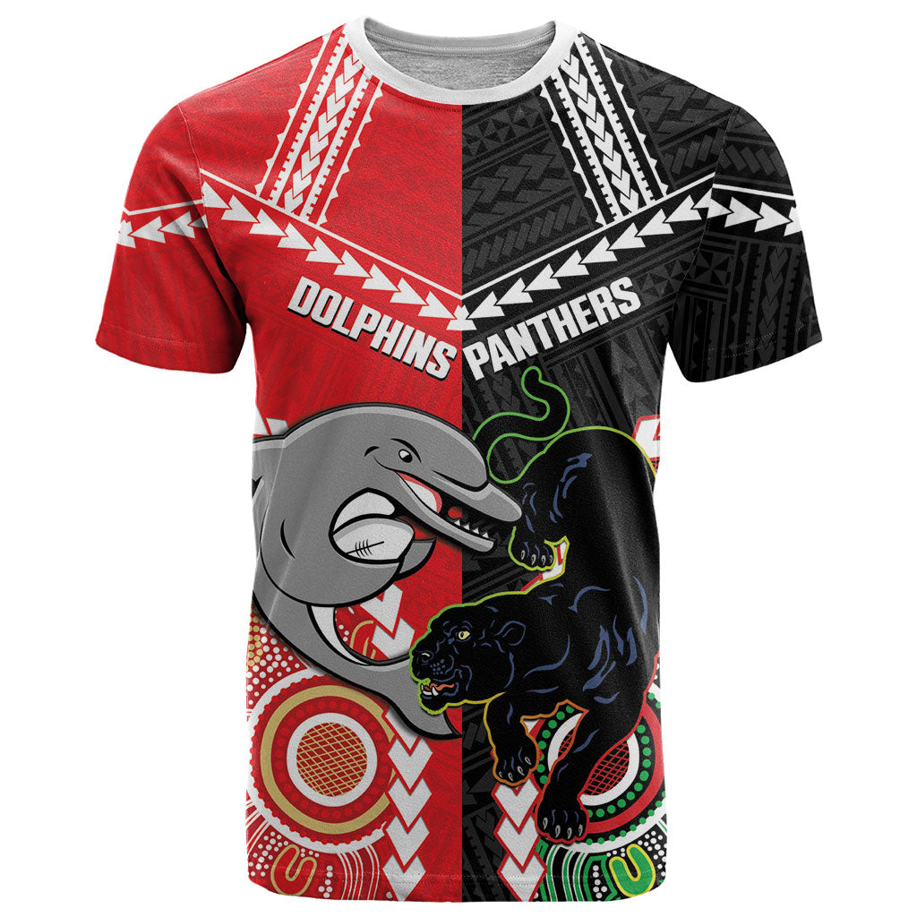 Custom Rugby Panthers and Dolphins T Shirt 2026 Together Aboriginal Polynesian Pattern