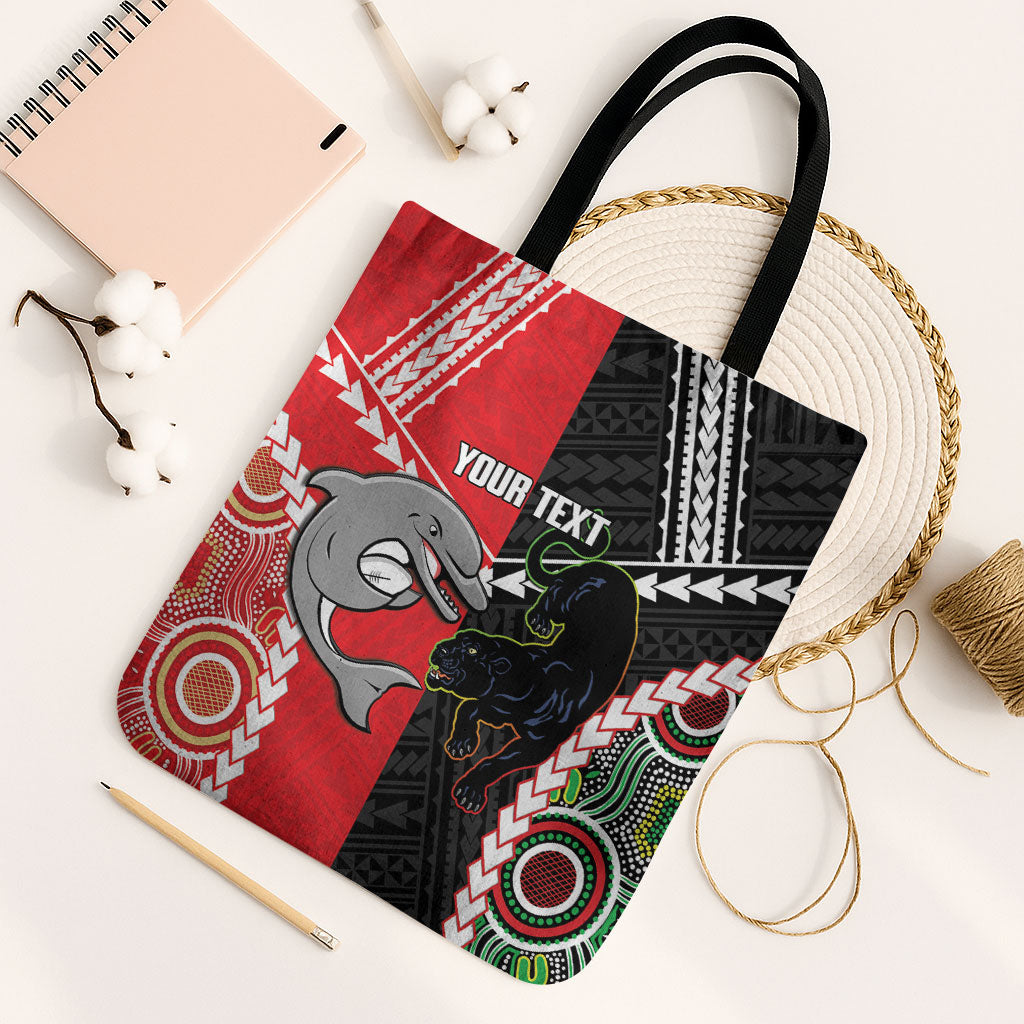 Custom Rugby Panthers and Dolphins Tote Bag 2026 Together Aboriginal Polynesian Pattern