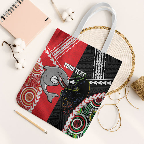 Custom Rugby Panthers and Dolphins Tote Bag 2026 Together Aboriginal Polynesian Pattern
