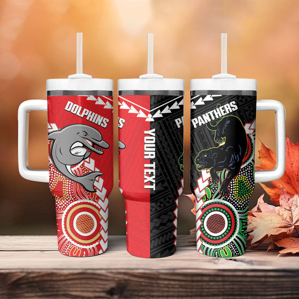 Custom Rugby Panthers and Dolphins Tumbler With Handle 2026 Together Aboriginal Polynesian Pattern