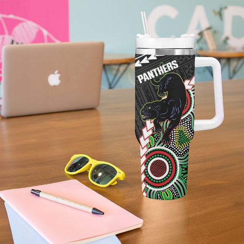 Custom Rugby Panthers and Dolphins Tumbler With Handle 2026 Together Aboriginal Polynesian Pattern