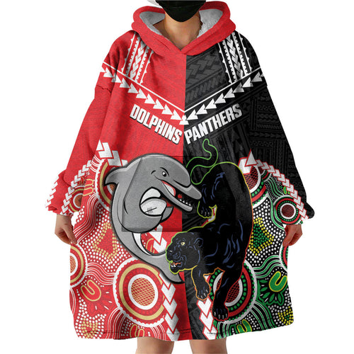 Custom Rugby Panthers and Dolphins Wearable Blanket Hoodie 2026 Together Aboriginal Polynesian Pattern