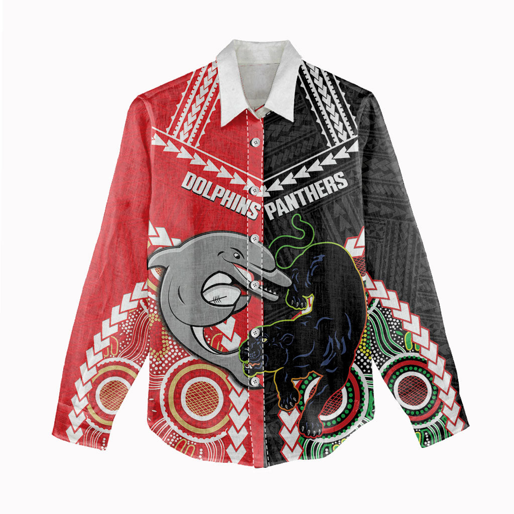 Custom Rugby Panthers and Dolphins Women Casual Shirt 2026 Together Aboriginal Polynesian Pattern
