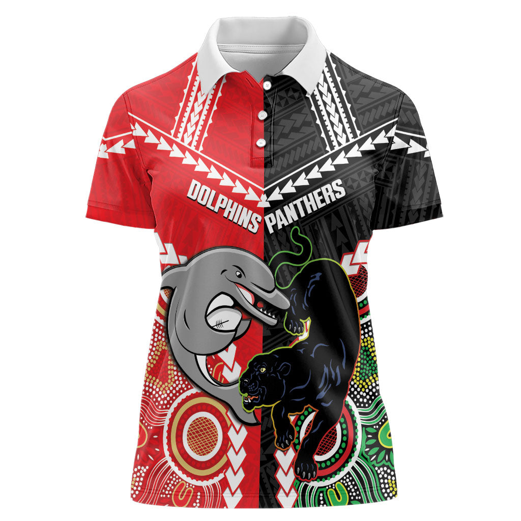 Custom Rugby Panthers and Dolphins Women Polo Shirt 2026 Together Aboriginal Polynesian Pattern