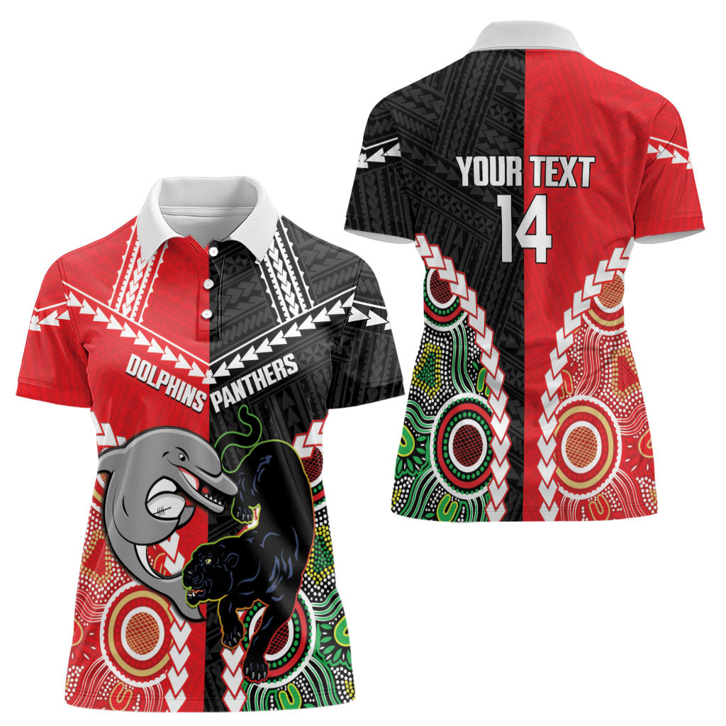 Custom Rugby Panthers and Dolphins Women Polo Shirt 2026 Together Aboriginal Polynesian Pattern
