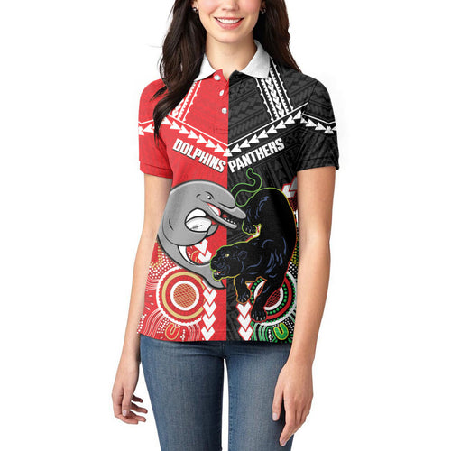 Custom Rugby Panthers and Dolphins Women Polo Shirt 2026 Together Aboriginal Polynesian Pattern