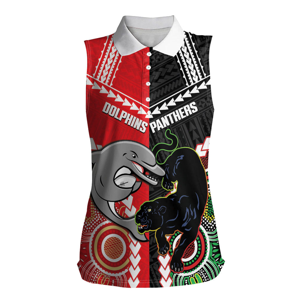 Custom Rugby Panthers and Dolphins Women Sleeveless Polo Shirt 2026 Together Aboriginal Polynesian Pattern