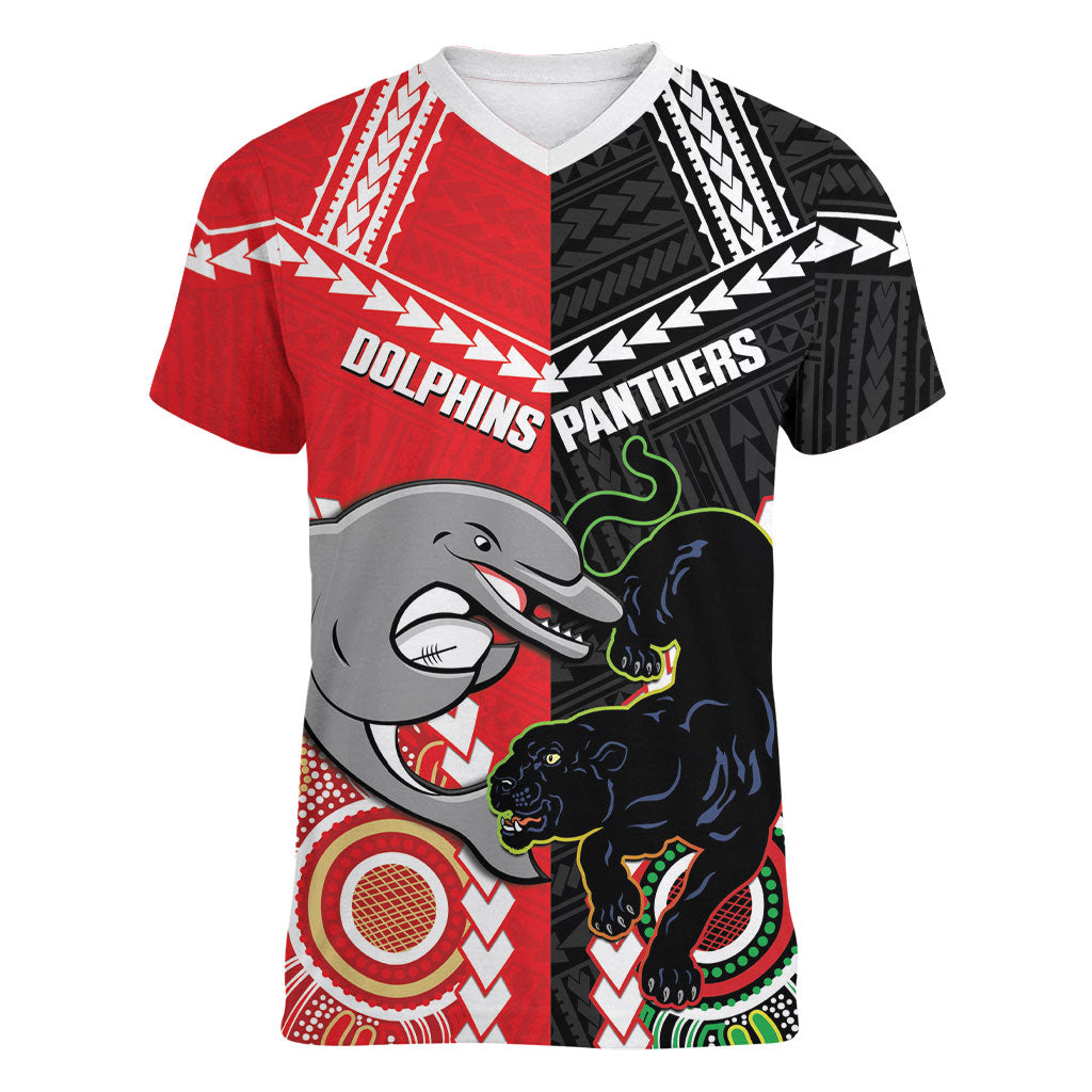 Custom Rugby Panthers and Dolphins Women V-Neck T-Shirt 2026 Together Aboriginal Polynesian Pattern