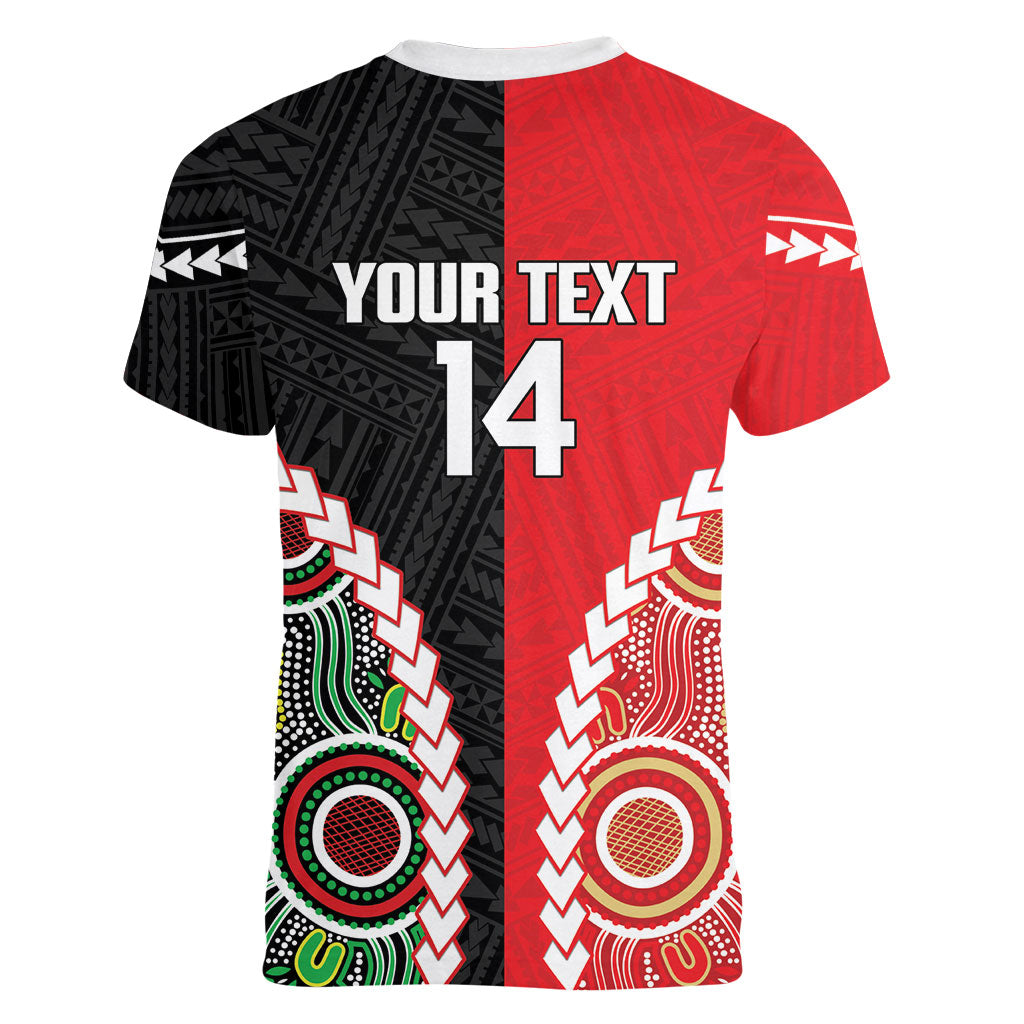 Custom Rugby Panthers and Dolphins Women V-Neck T-Shirt 2026 Together Aboriginal Polynesian Pattern