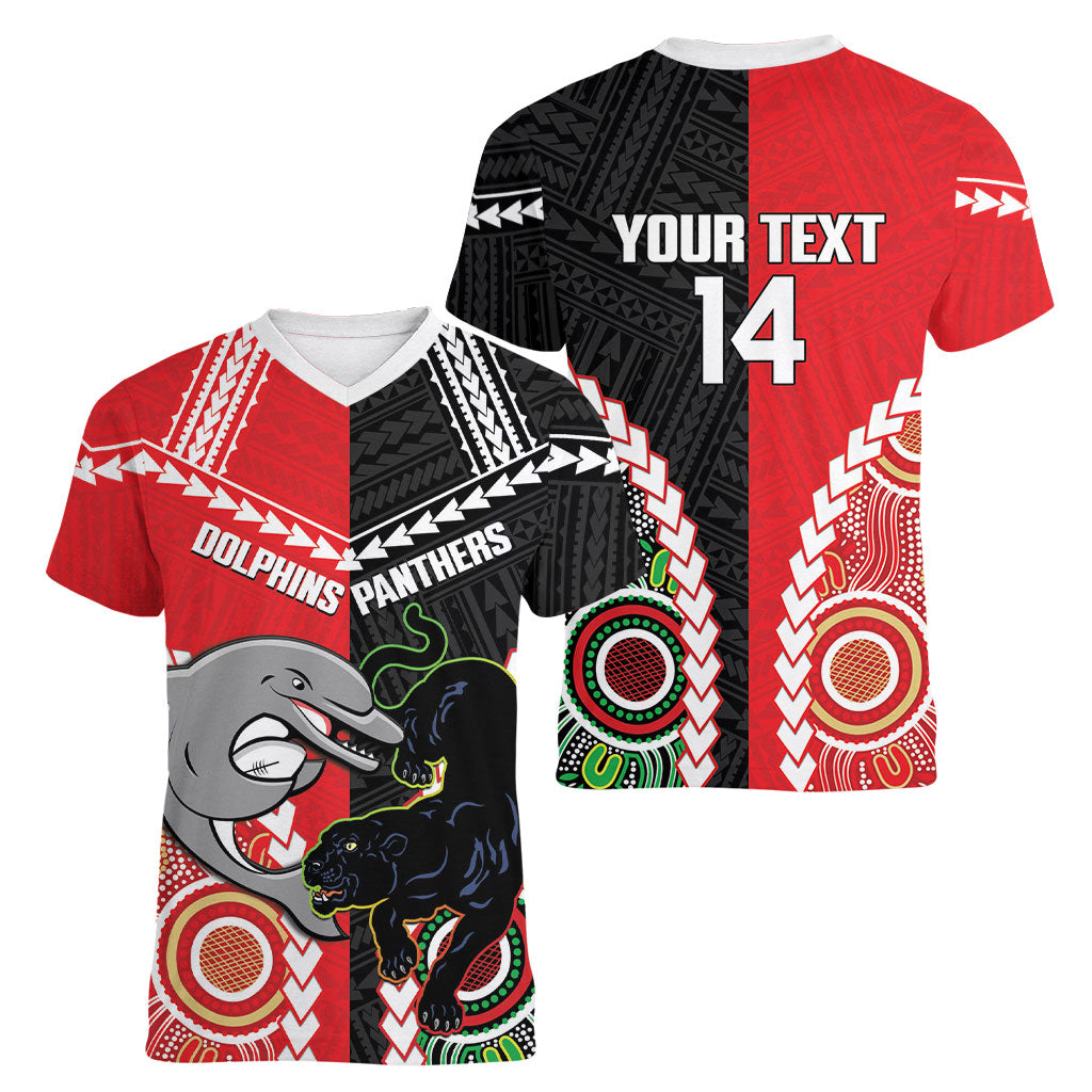 Custom Rugby Panthers and Dolphins Women V-Neck T-Shirt 2026 Together Aboriginal Polynesian Pattern