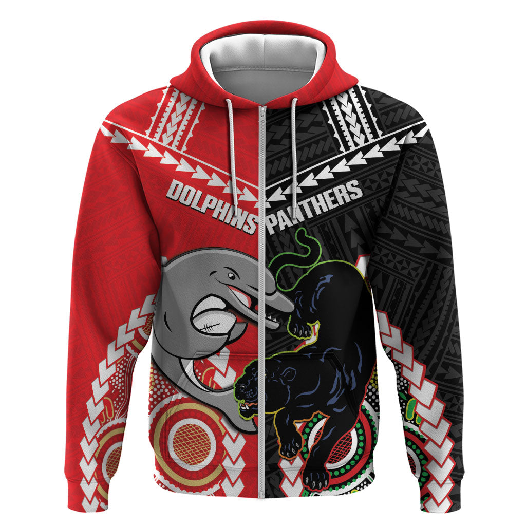 Custom Rugby Panthers and Dolphins Zip Hoodie 2026 Together Aboriginal Polynesian Pattern