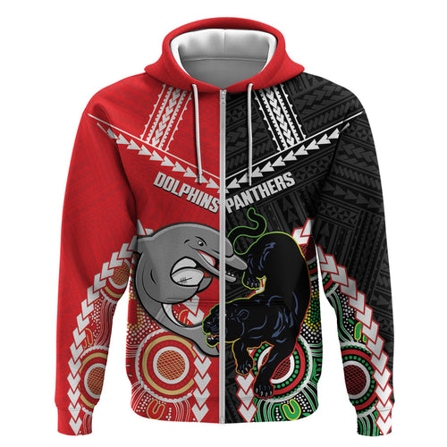 Custom Rugby Panthers and Dolphins Zip Hoodie 2026 Together Aboriginal Polynesian Pattern