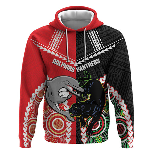 Custom Rugby Panthers and Dolphins Zip Hoodie 2026 Together Aboriginal Polynesian Pattern